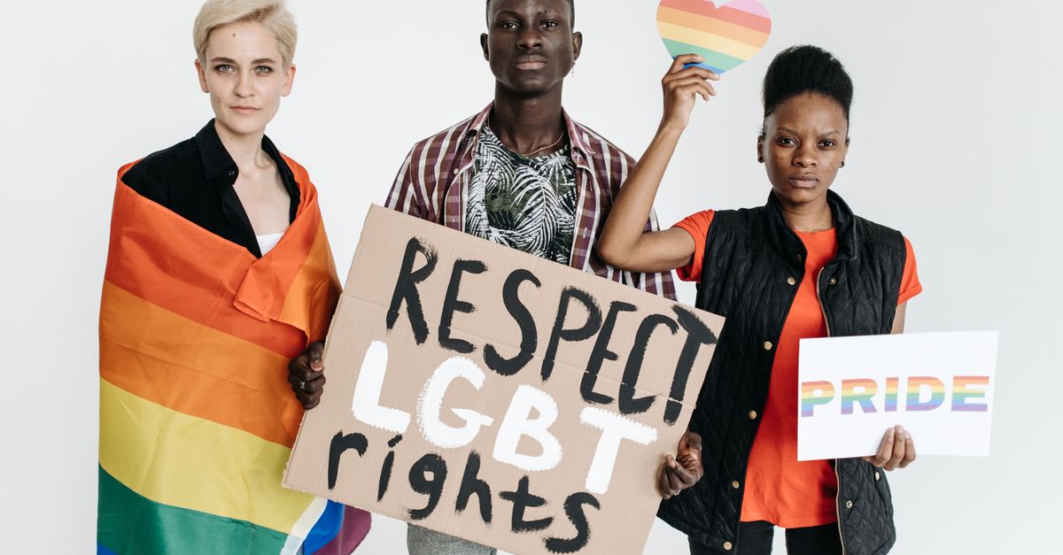 A diverse group of people standing for LGBT rights, holding pride signs.